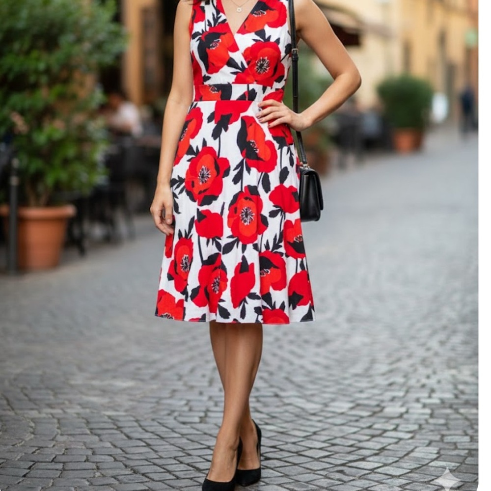 London Times Red and White Floral Midi Dress